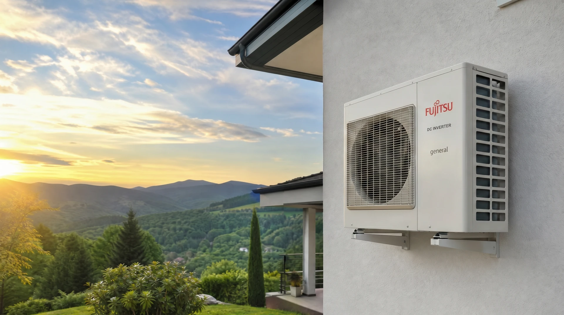 Extérieur d'une habitation avec unité extérieure de climatisation installée sur terrasse pavée, contre mur en pierre naturelle