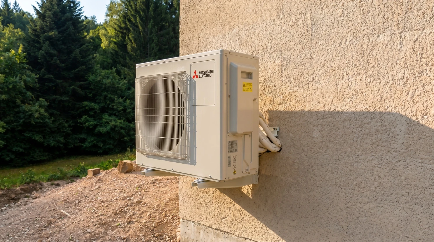 Sous-sol moderne avec installation de chauffage domestique comprenant chaudière rouge avec panneau de contrôle numérique, ballon d'eau chaude cylindrique blanc vertical, réseau de tuyauterie grise apparente et conduits d'évacuation
